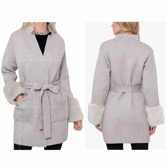 LOVE TOKEN Women Medium Light Gray Knit Faux Fur Trim GINNY Belted Cardigan EUC - Picture 9 of 9
